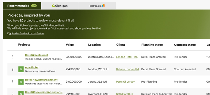 Glenigan Recommended Projects